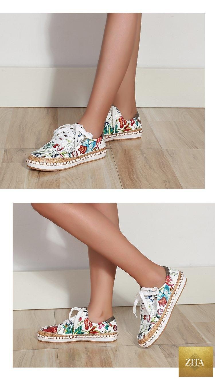 Stevvex women's white casual sneakers with colorful flower print, lace-up flat design, perfect for summer walking and sports.