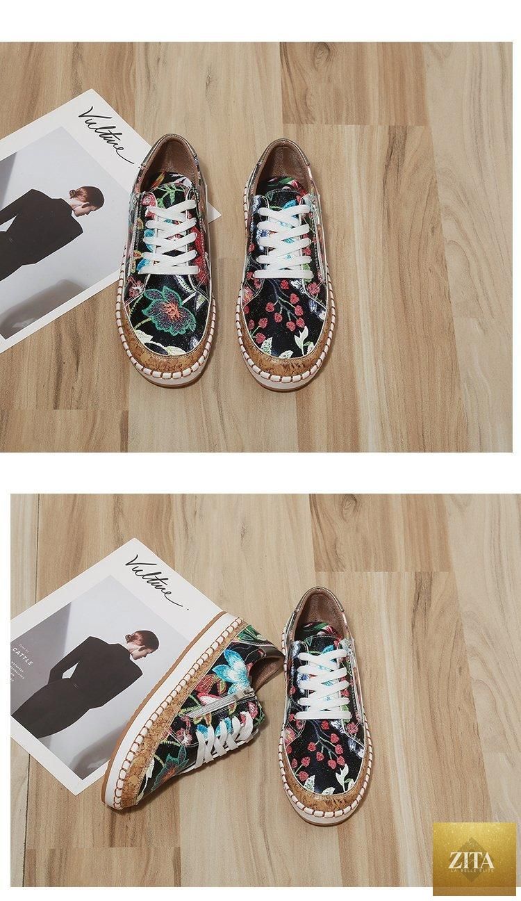 Women's white casual sneakers by Stevvex featuring colorful flower prints, lace-up design, suitable for summer walking and casual wear