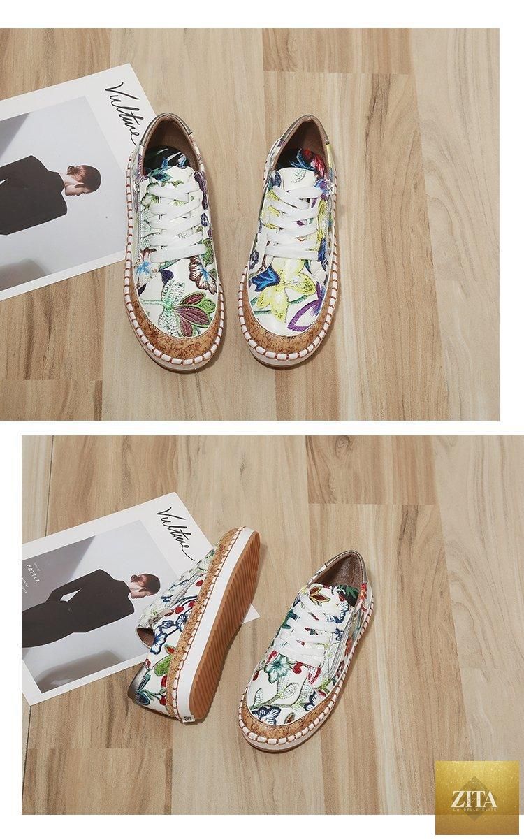 Women's white casual sneakers with colorful flower print from Stevvex, lace-up design, perfect for summer walking and everyday wear.
