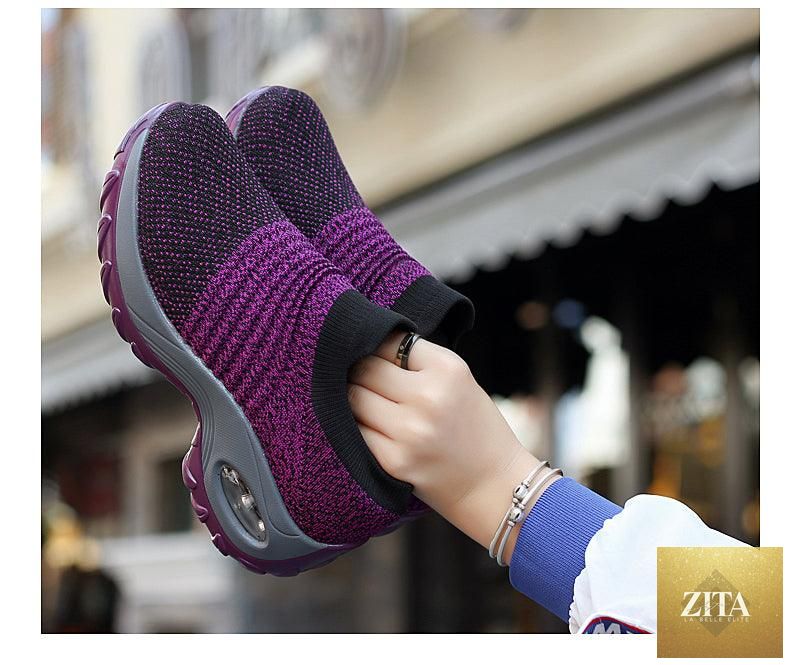 Women's casual chunky platform sneakers by Stevvex with slip-on mesh design, air cushion sole, and comfortable sock-style fit.