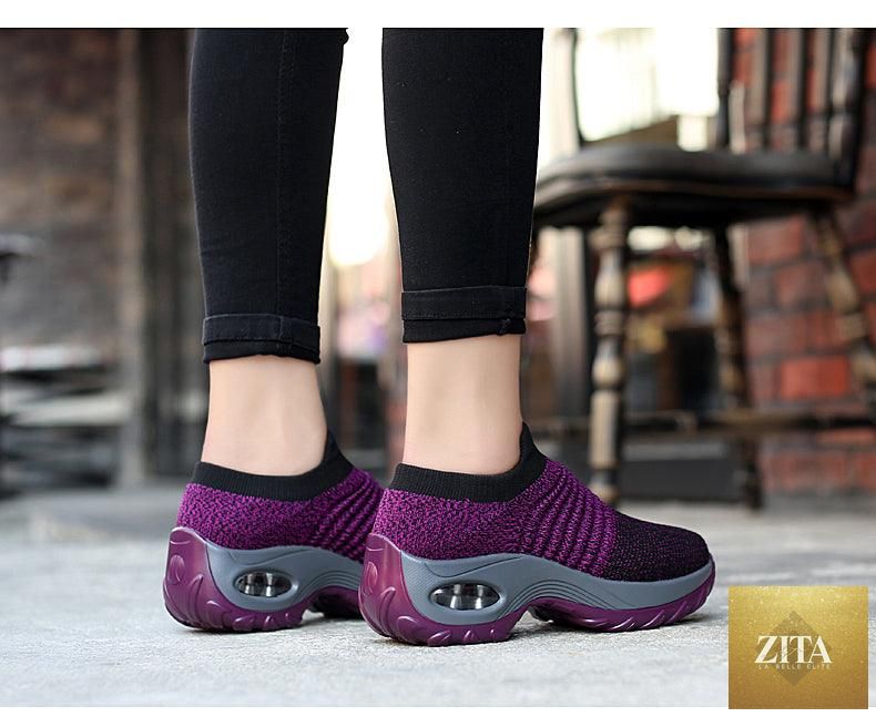 Women's casual chunky platform sneakers by Stevvex, slip-on mesh walking shoes with air cushion, comfortable knit design.