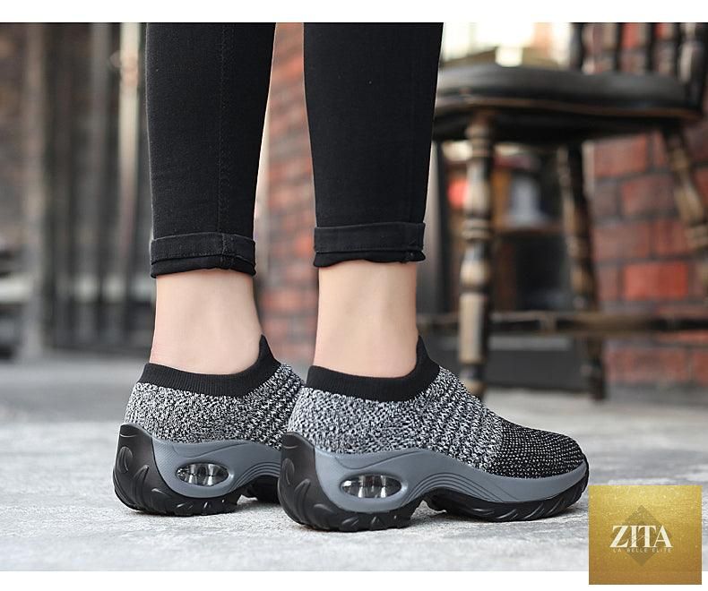 Women's casual chunky platform sneakers by Stevvex with mesh knit design, air cushion sole, slip-on style, and comfortable walking fit.