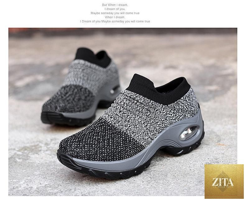 Women's casual chunky platform sneakers by Stevvex featuring mesh knit fabric, slip-on style, air cushion, and comfortable walking design.