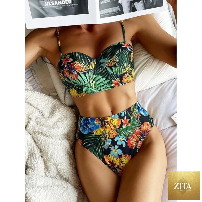 Stevvex luxury women's black high-waisted bikini set with push-up design, two-piece swimwear for beach and swimming activities.