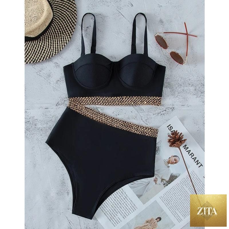 Stevvex luxury women's black high-waist bikini set with push-up design, two-piece bandage swimwear for beach and swimming.