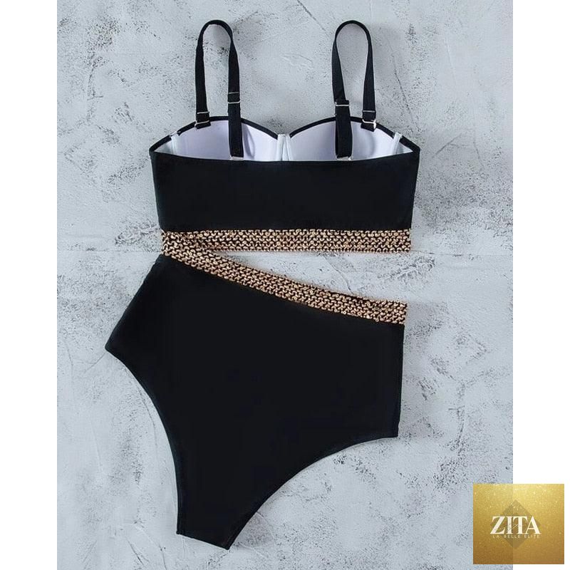 Stevvex luxury women’s black high waist bikini set, two-piece swimwear with push-up design, ideal for beach and swimming.