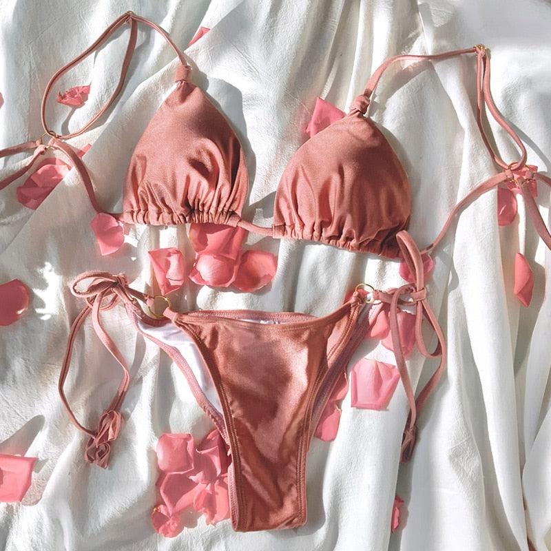 Luxury Stevvex summer bikini set for women with ribbed fabric, self-tie triangle top, charming bottoms, perfect for beach swimming.