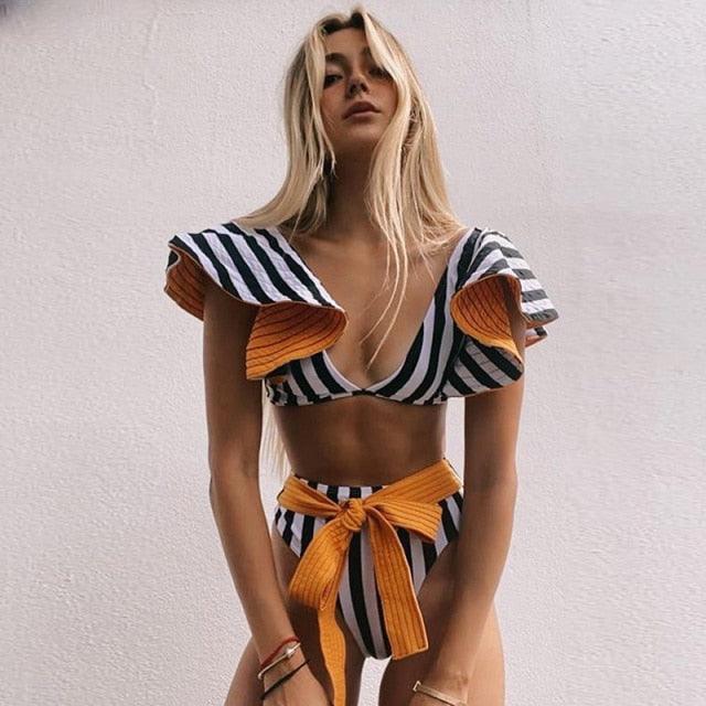 Stevvex two-piece women's push-up padded bikini set with ruffles, low-rise bandage style swimsuit for beachwear and swimming.
