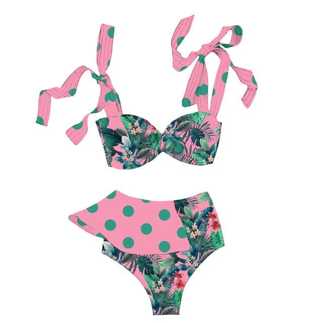Stevvex two-piece women’s push-up padded bikini set with ruffles, bandage style, low-rise swimwear, beachwear, and flounce design.