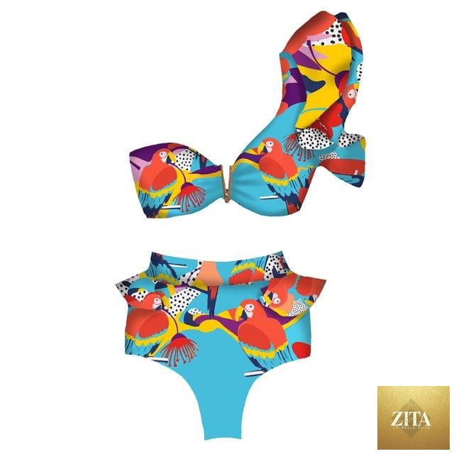 Stevvex two-piece women's push-up padded bikini set with ruffles, bandage style, low rise, perfect for beachwear and swimming.
