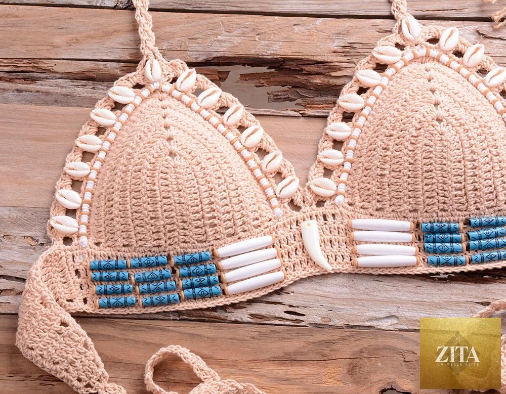 Vintage blue blazer and 2-piece halter bikini set by Stevvex with high-waist, sequin, crochet details, and push-up bikini top.