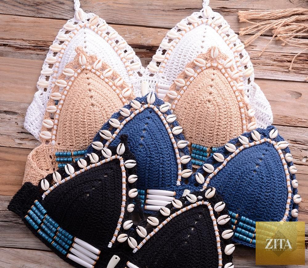 Stevvex vintage blue blazer and 2-piece halter bikini set with high waist, sequins, crochet details, and push-up design for women.