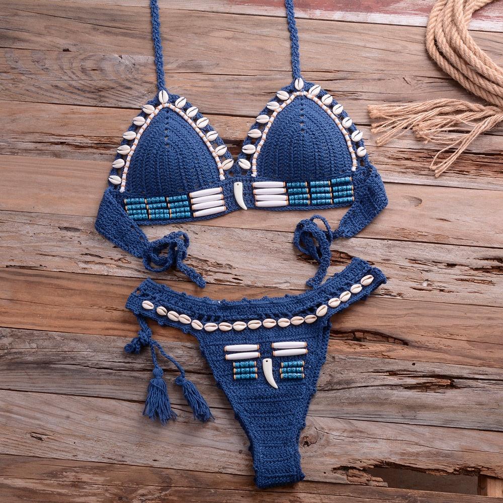 Vintage Blue Bikinis 2 Piece Halter Bikini Set Women High Waist Sequin Swimsuit Set Handmade Crochet High Quality Swimsuit Women Push Up Swimwear Knitted Beach Wear Bathing Suit