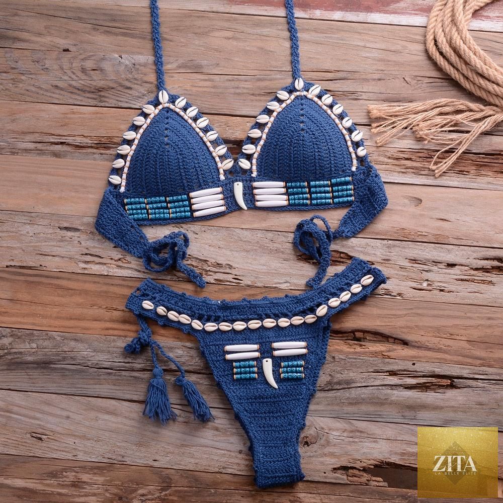 Vintage blue blazer and 2-piece halter bikini set by Stevvex, high-waist sequin swimsuit with crochet details and push-up design.