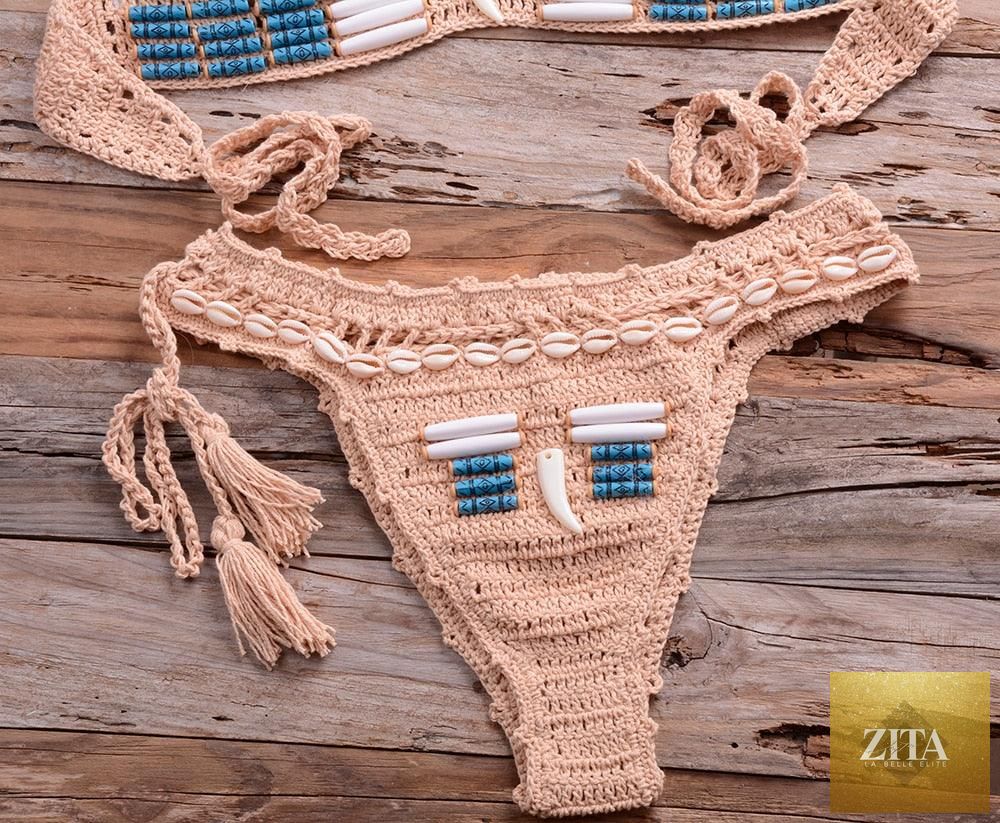 Vintage blue blazer and 2-piece halter bikini set by Stevvex, high-waist sequin swimsuit with crochet details, perfect for beachwear.