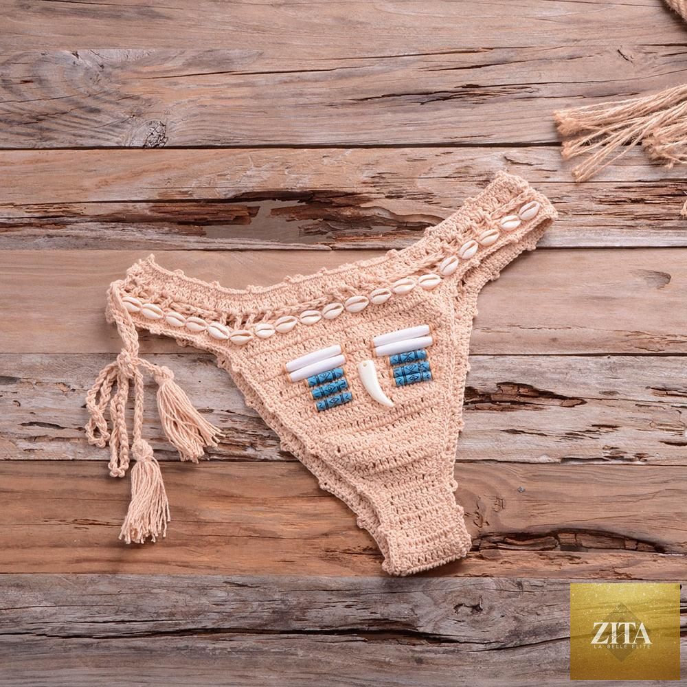 Vintage blue blazer and 2-piece halter bikini set by Stevvex, featuring high waist, sequin details, crochet accents, and push-up design.