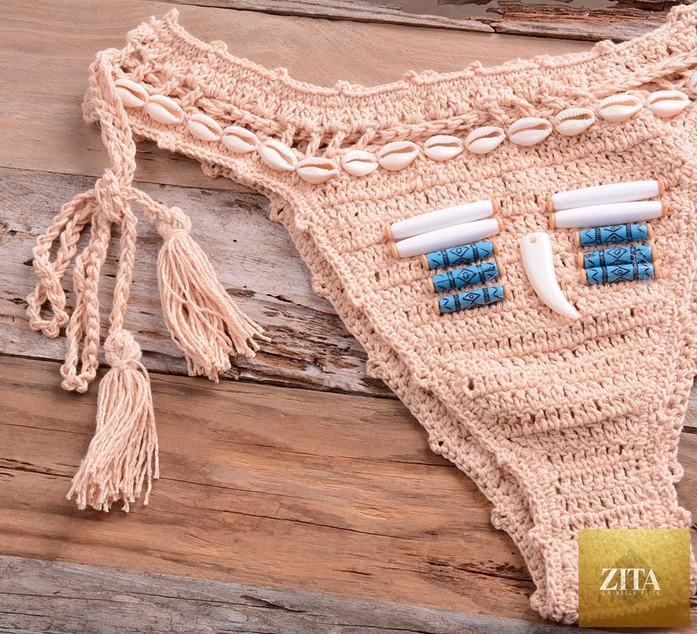 Vintage blue blazer and high-waist sequin bikini set by Stevvex, featuring handmade crochet details and push-up swimwear design.