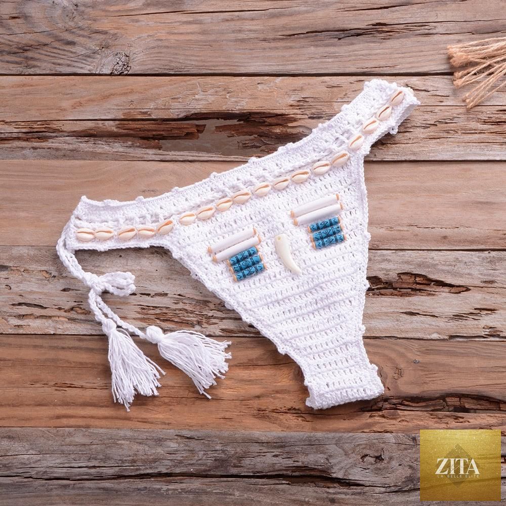 Vintage blue blazer and 2-piece halter bikini set with high waist sequin design, handmade crochet, and push-up swimwear for women.