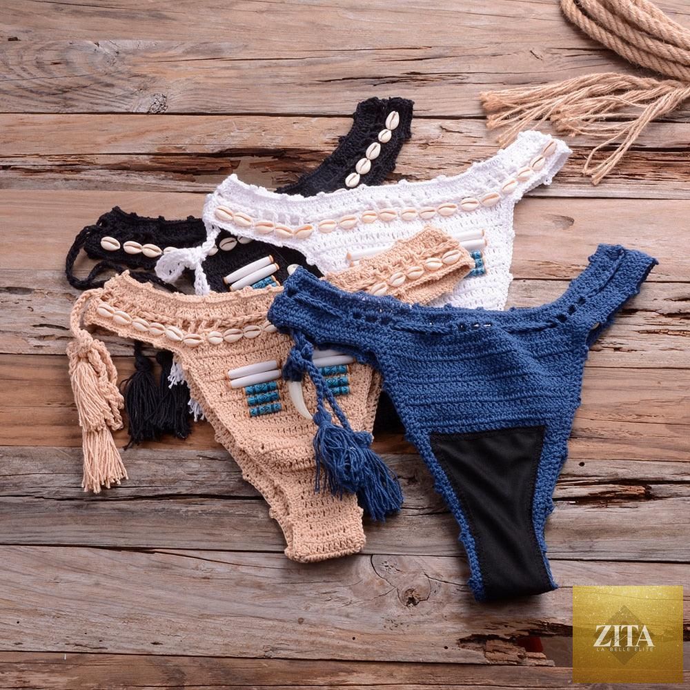 Vintage blue blazer and 2-piece halter bikini set by Stevvex featuring high waist, sequin details, crochet design, and push-up style.