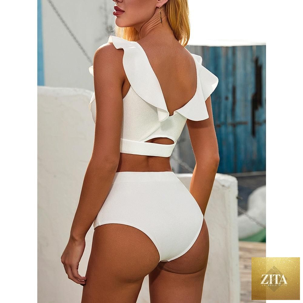 Stevvex women's high waist bikini set with puff sleeves, solid color, backless design, perfect for summer beachwear and swimming.