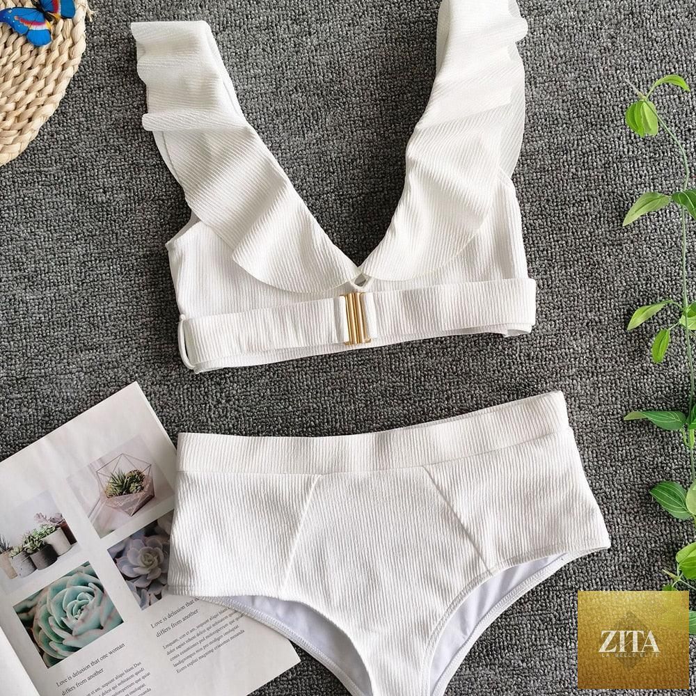 Stevvex women's high waist bikini set with puff sleeves, solid color, backless design, perfect for summer beachwear.