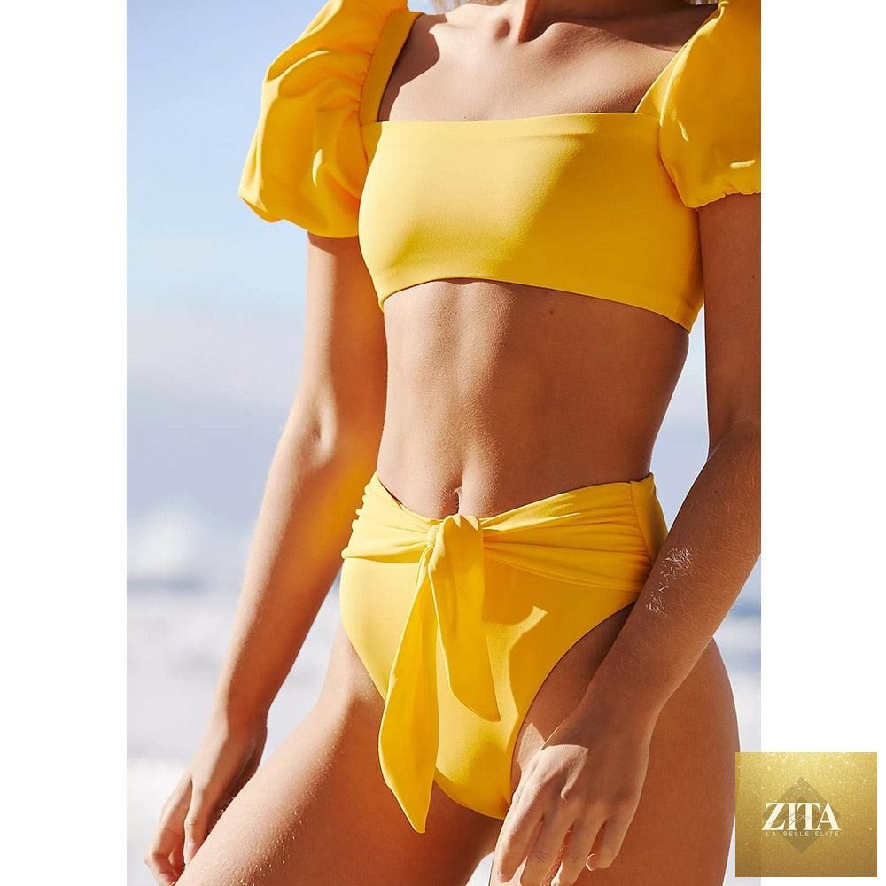 Stevvex women's high waist bikini set with puff sleeves, solid color, backless design, perfect for summer beachwear and swimming.
