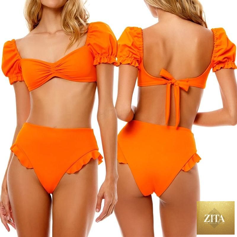 Stevvex high waist women's bikini set with puff sleeves, solid color, backless design, perfect for summer beachwear.