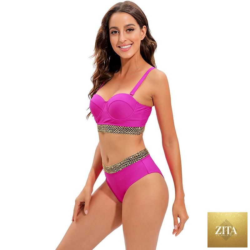 Stevvex women's high waist bikini set with puff sleeves, solid color, backless design, perfect for summer beachwear and swimming.