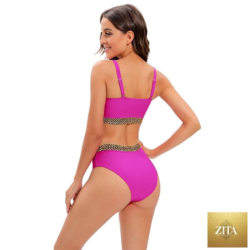Stevvex women's high waist bikini set with puff sleeves, solid color, backless design, perfect for summer beachwear.
