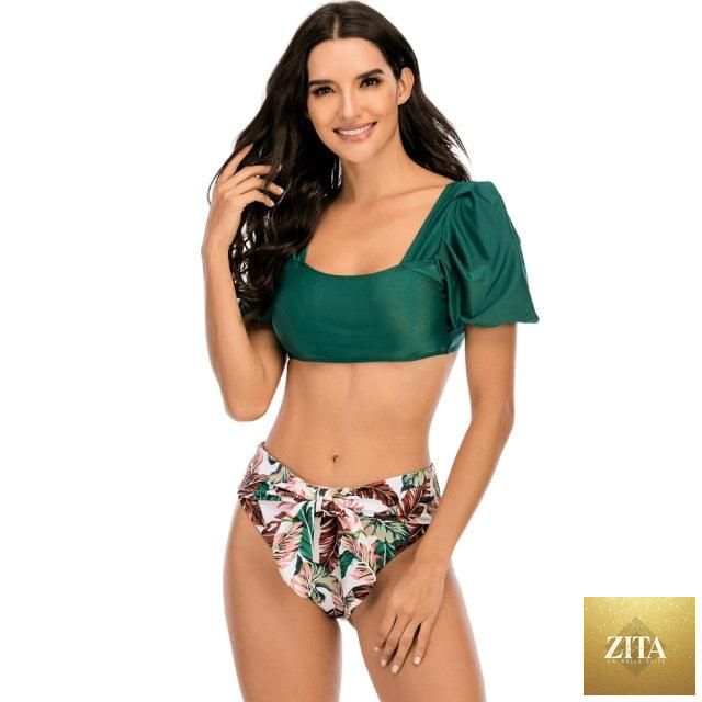 Stevvex women's high waist bikini set with puff sleeves, solid color, backless design, perfect for summer beachwear and swimming.