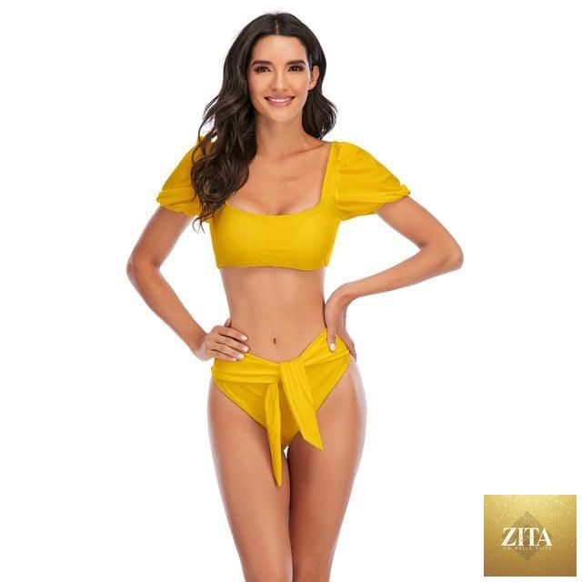 Stevvex high waist 2-piece bikini set for women with puff sleeves, backless design, solid color, perfect for summer beachwear.