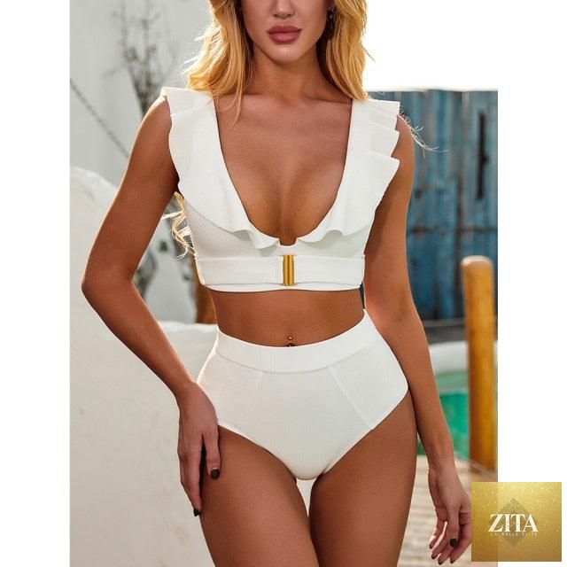 Stevvex high waist 2-piece bikini set for women with puff sleeves, solid color, backless design, perfect for summer beachwear.