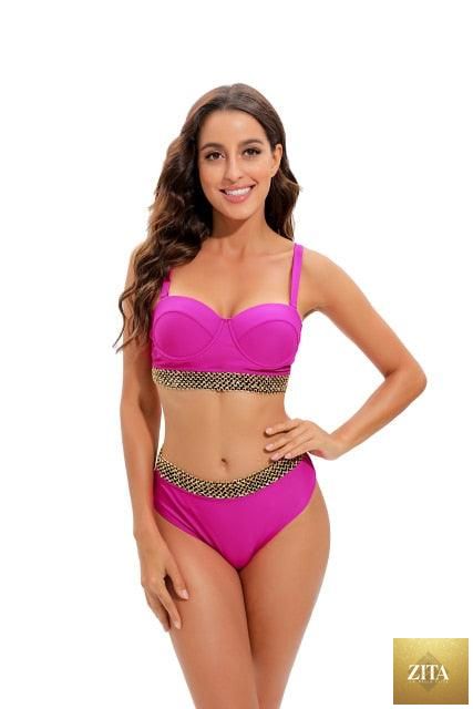 Stevvex high waist bikini set with puff sleeves, solid color, backless design, perfect for summer beachwear and swimming.