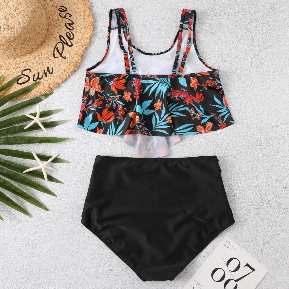 Women High Waist Bikini Plus Size Swimwear Summer Swimsuit Beach Bathing Suit Ruffle Bikini Floral Printed Ruffle High Waist Bikini Set Women's Tummy Control Bathing Suit Swimsuit Flounce Peplum