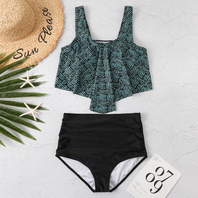 Women High Waist Bikini Plus Size Swimwear Summer Swimsuit Beach Bathing Suit Ruffle Bikini Floral Printed Ruffle High Waist Bikini Set Women's Tummy Control Bathing Suit Swimsuit Flounce Peplum