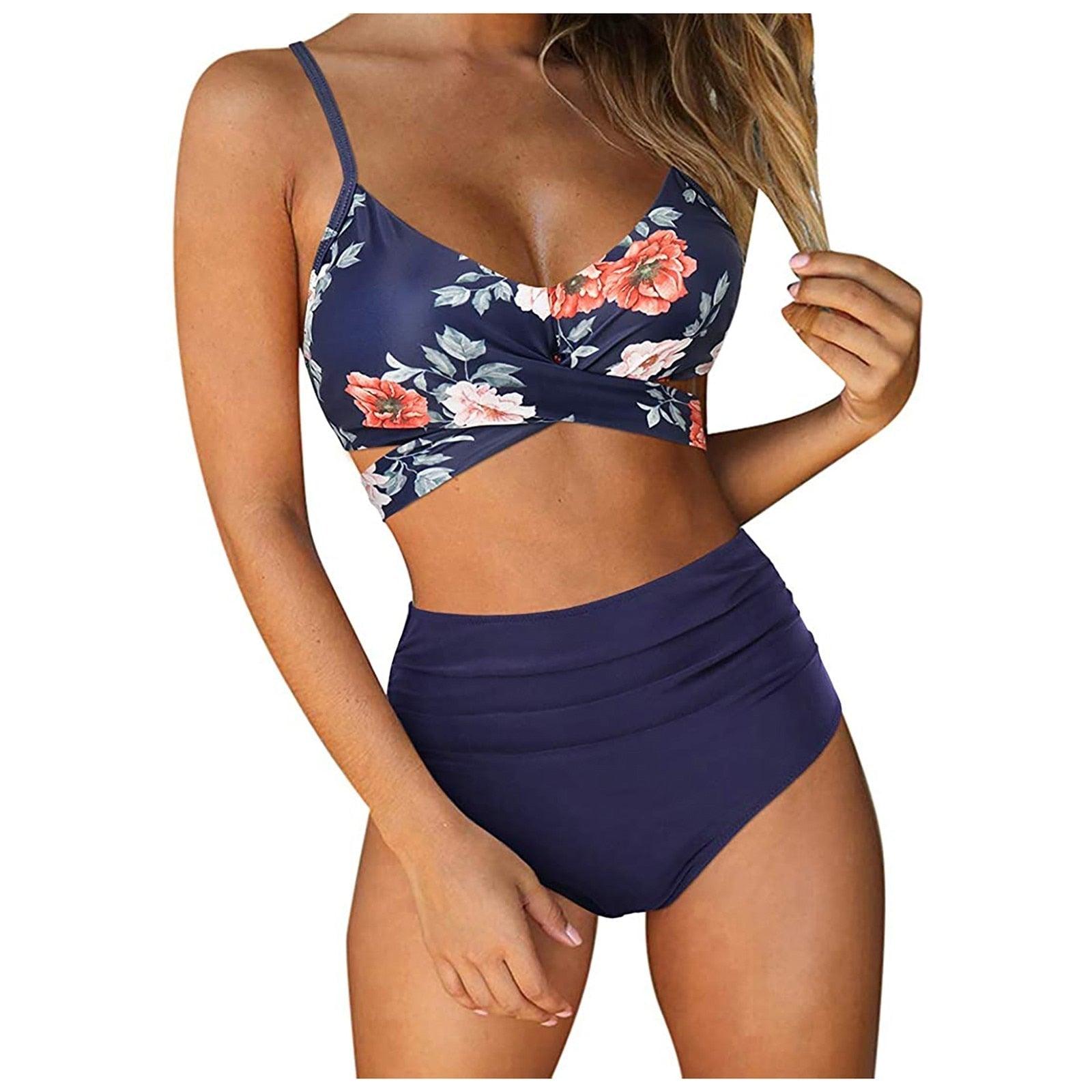 Stevvex modern floral bikini set with high waist, crisscross design, and string ties, featuring colorful flower print for summer.