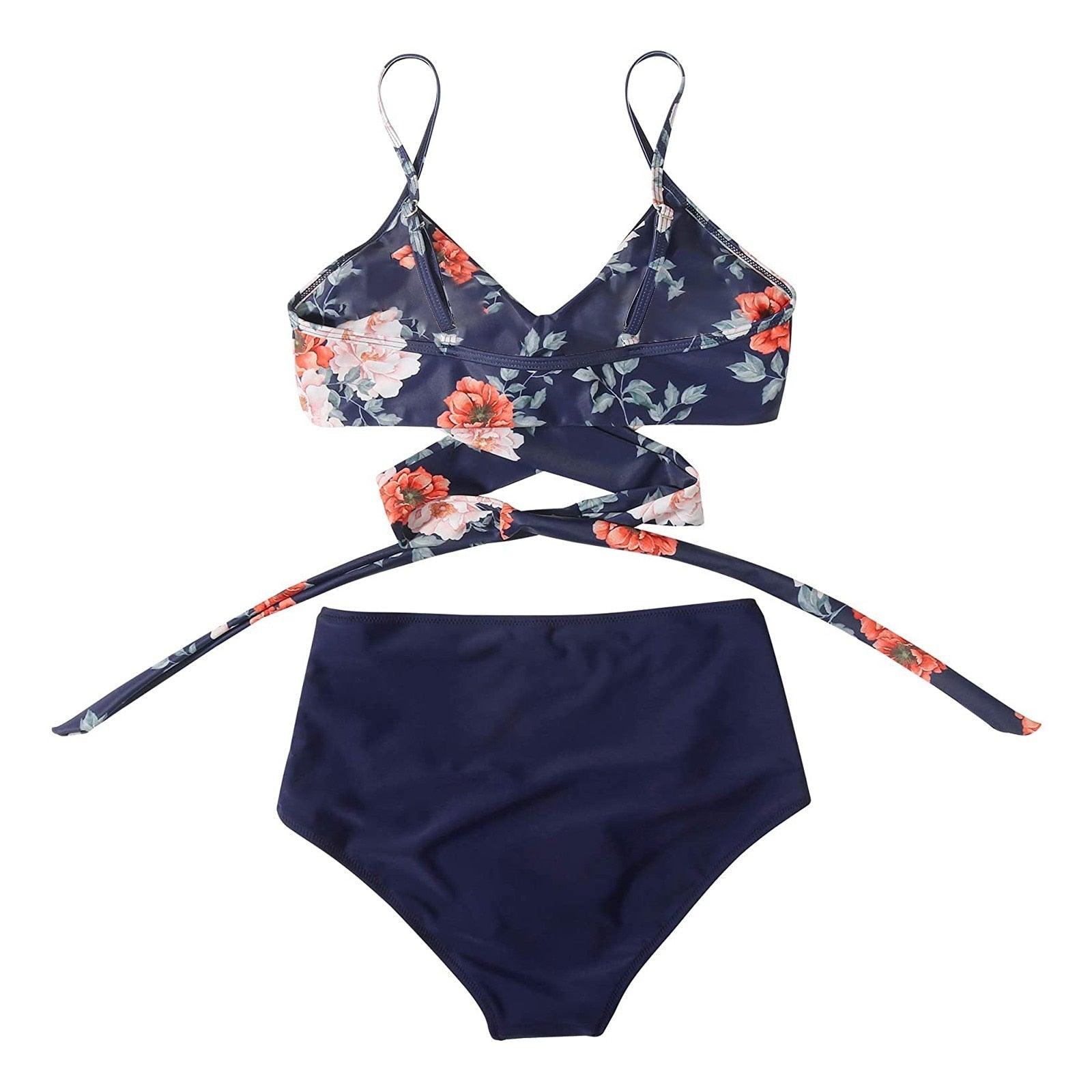 Stevvex modern floral bikini set with high waist, crisscross design, and string details, featuring colorful flower print for summer swimwear.