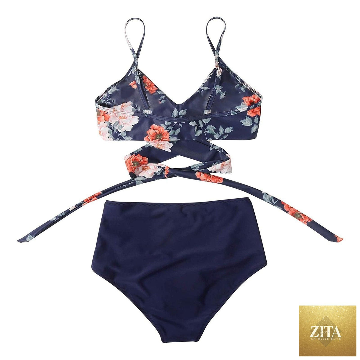 Stevvex modern floral bikini set with high waist, crisscross design, and string details, featuring colorful flower print for summer swimwear.