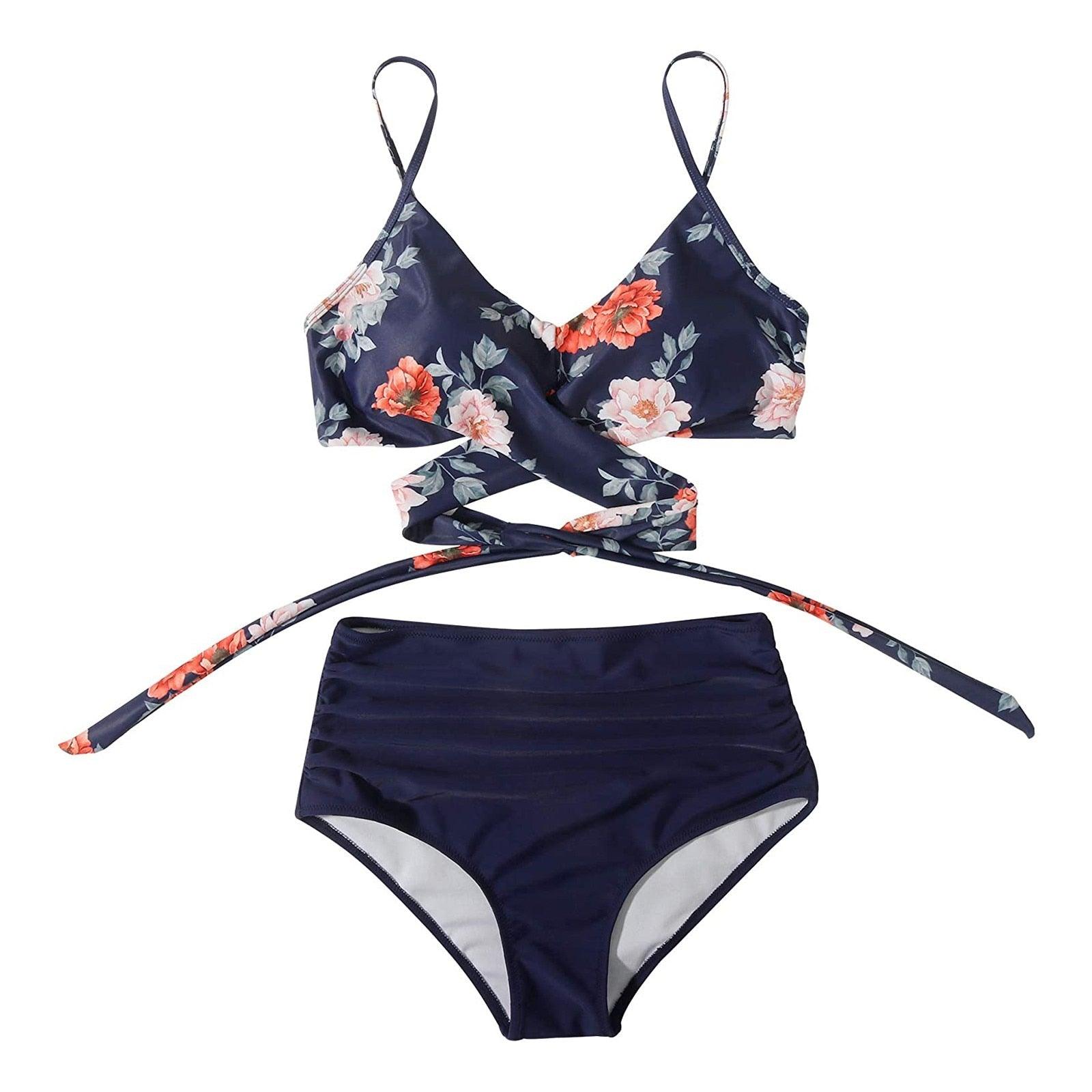 Stevvex modern floral bikini set with high waist and crisscross design, featuring a colorful flower print and string ties for women.
