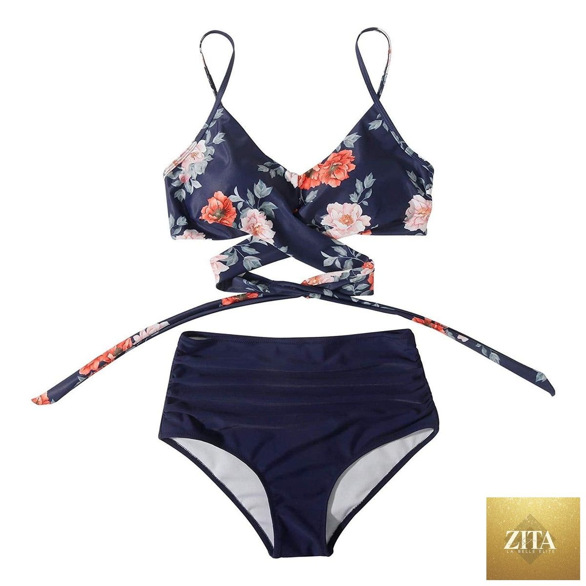 Stevvex modern floral bikini set with high waist and crisscross design, featuring a colorful flower print and string ties for women.