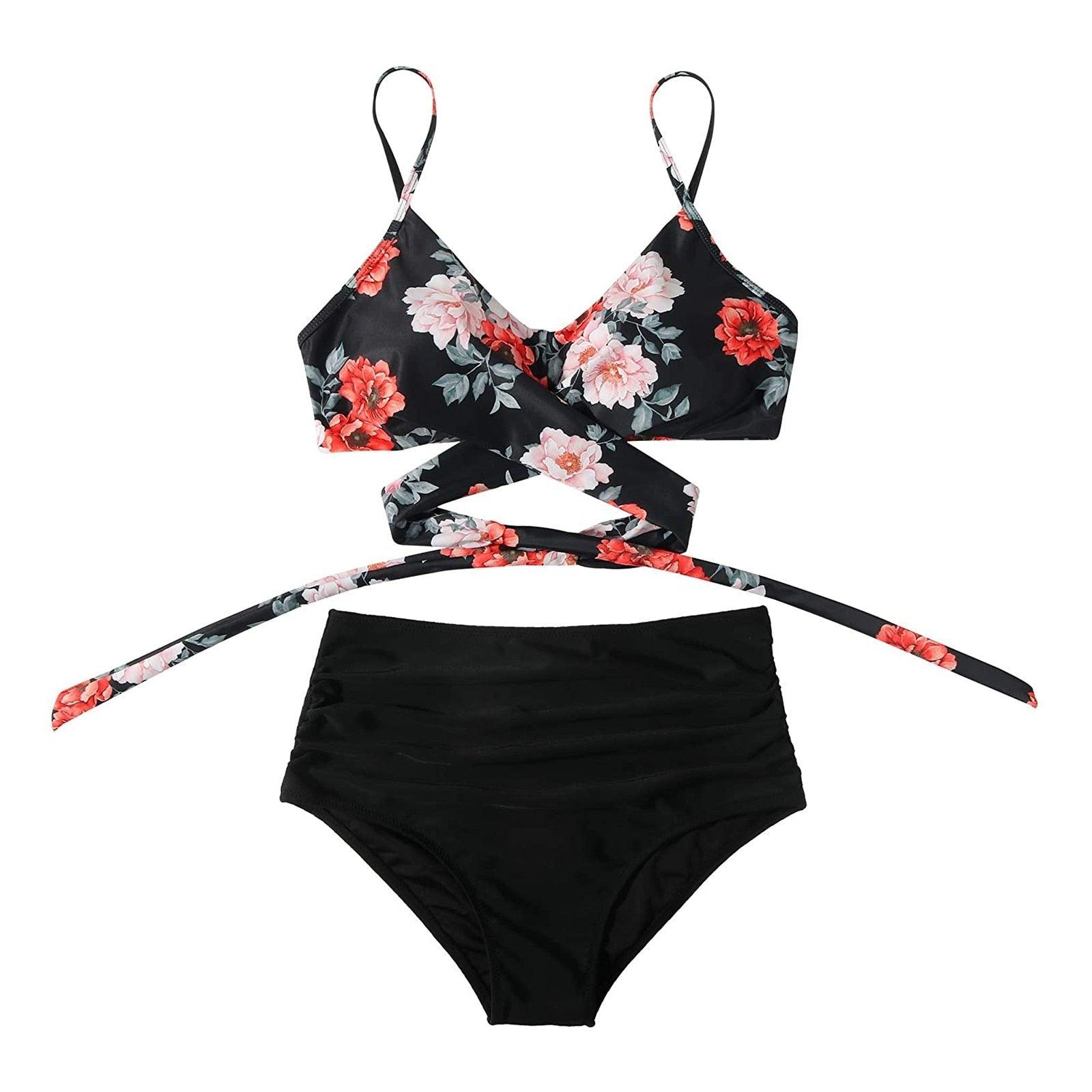 Stevvex modern floral bikini set with high waist and crisscross design, featuring a colorful flower print and string ties for women.