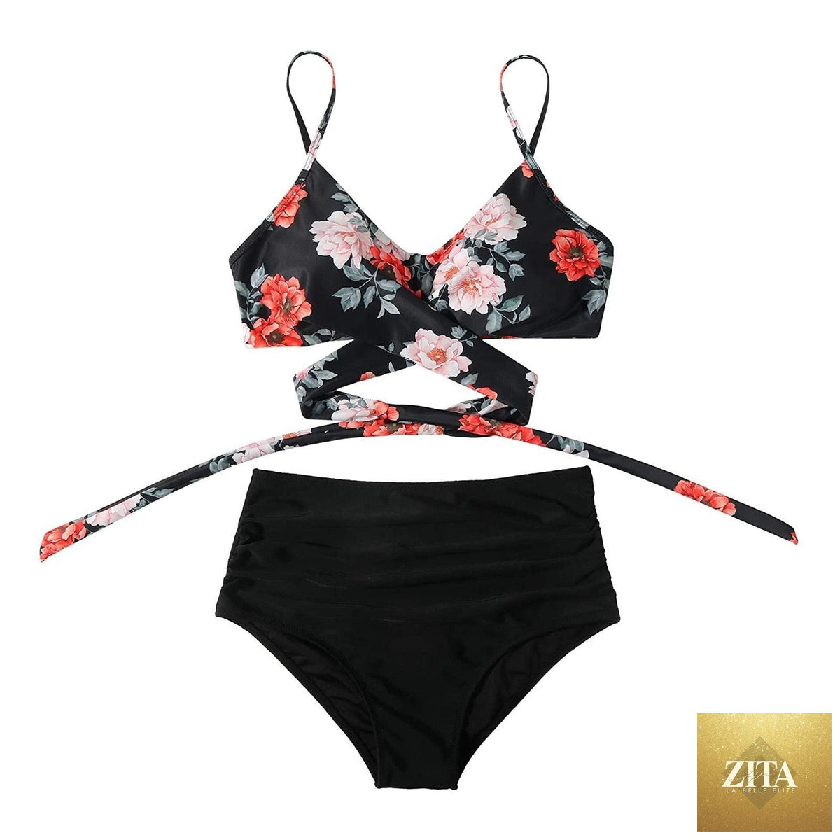 Stevvex modern floral bikini set with high waist and crisscross design, featuring a colorful flower print and string ties for women.