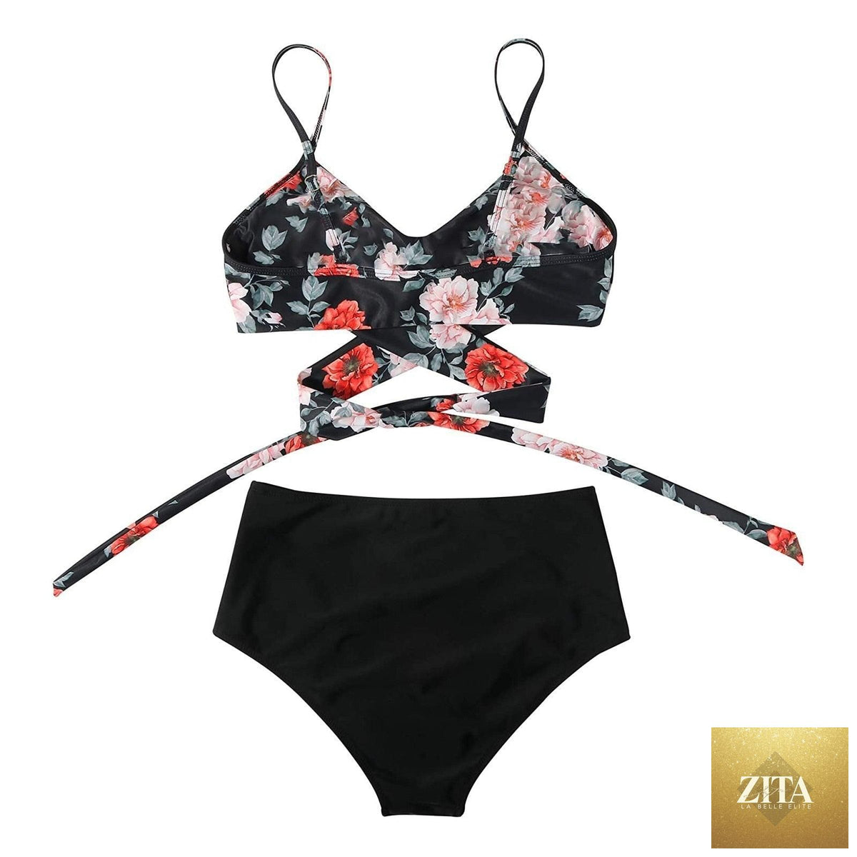 Stevvex floral bikini set with high waist crisscross top and matching floral shorts, perfect for summer beachwear.