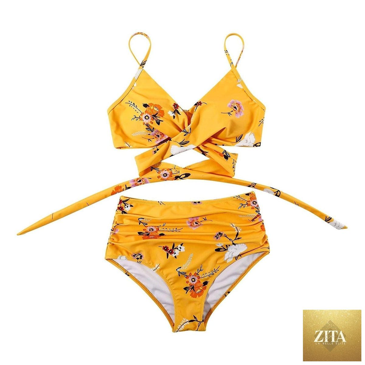 Stevvex modern floral bikini set with crisscross high waist design, featuring a two-piece flower print swimsuit for women.