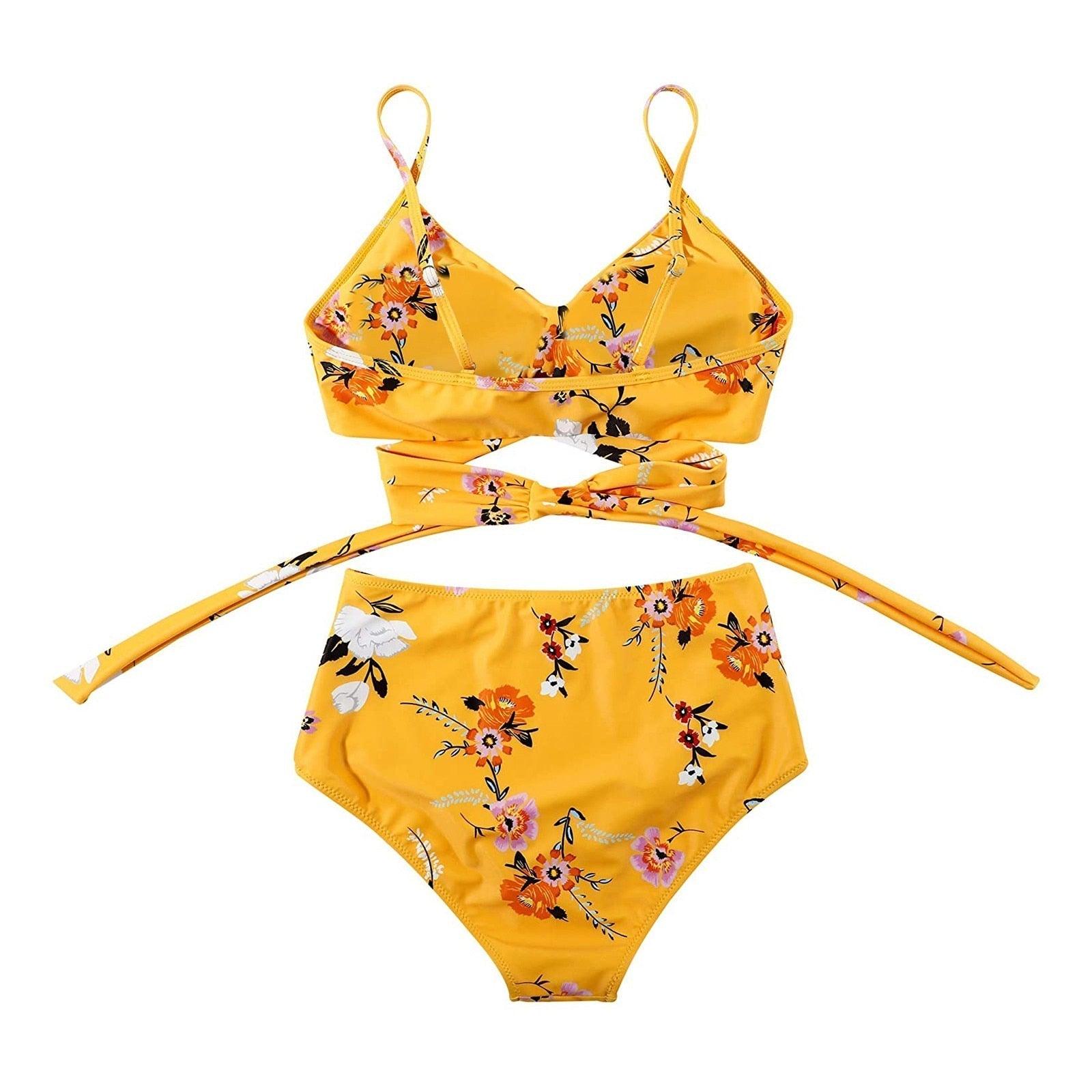 Stevvex modern floral bikini set with high waist string bottoms and crisscross design, featuring colorful flower print for women.