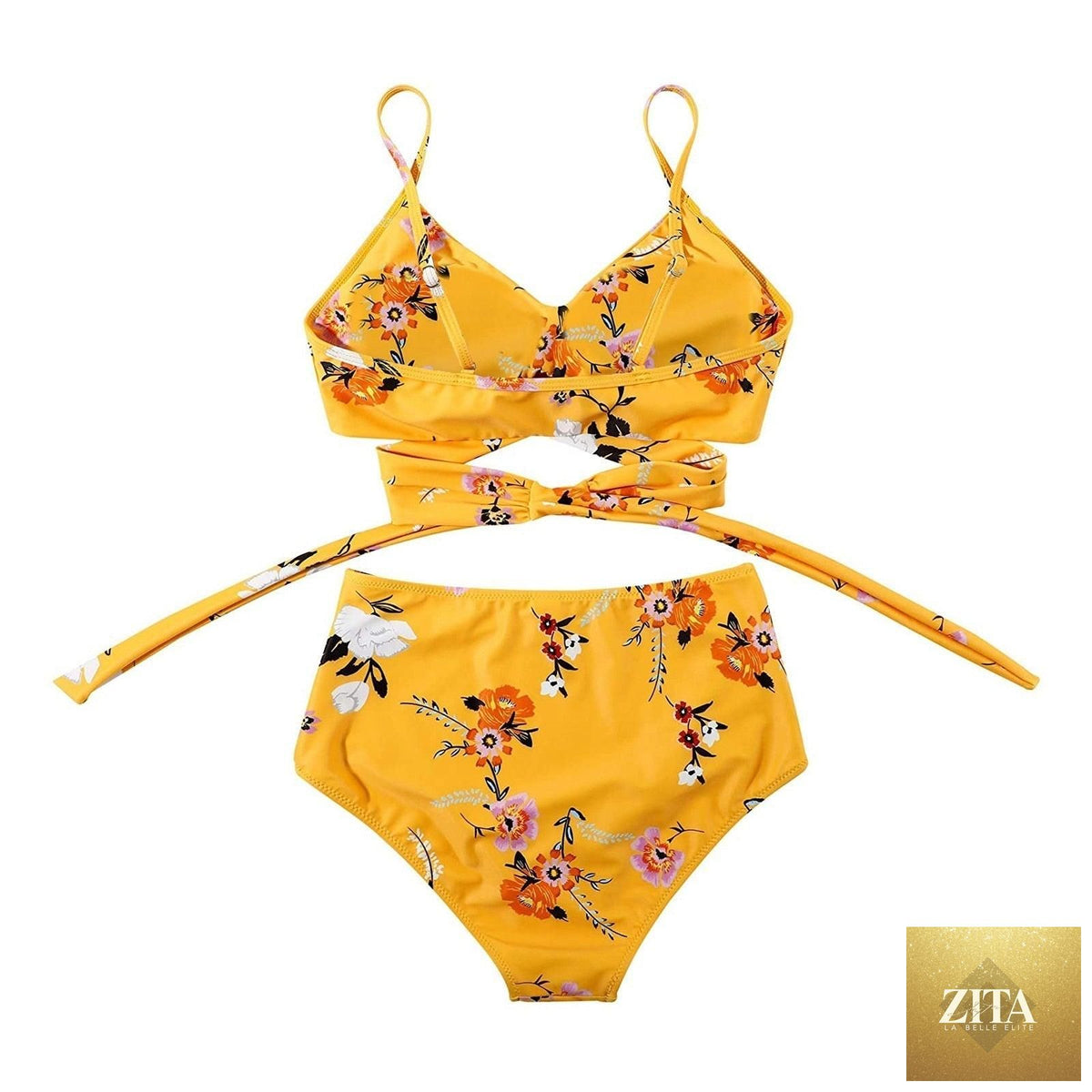 Stevvex modern floral bikini set with high waist string bottoms and crisscross design, featuring colorful flower print for women.