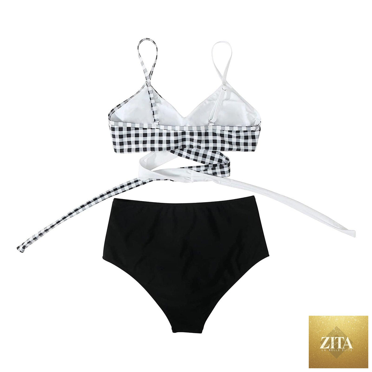 Stevvex modern floral bikini set with high waist, crisscross design, and string ties, featuring a colorful flower print and solid swim shorts.