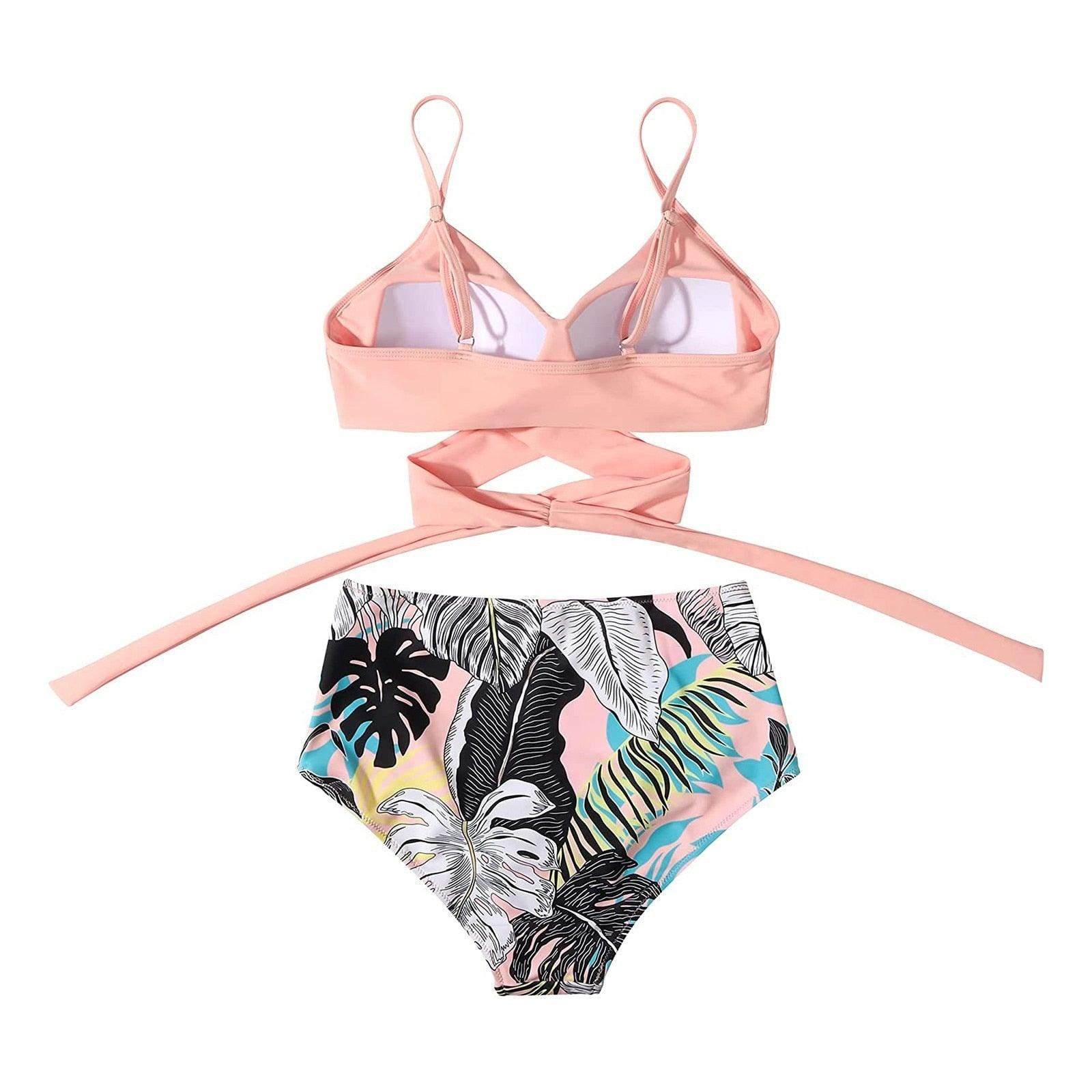 Stevvex modern floral bikini set for women with high waist, crisscross top, and matching floral shorts for summer swimming.