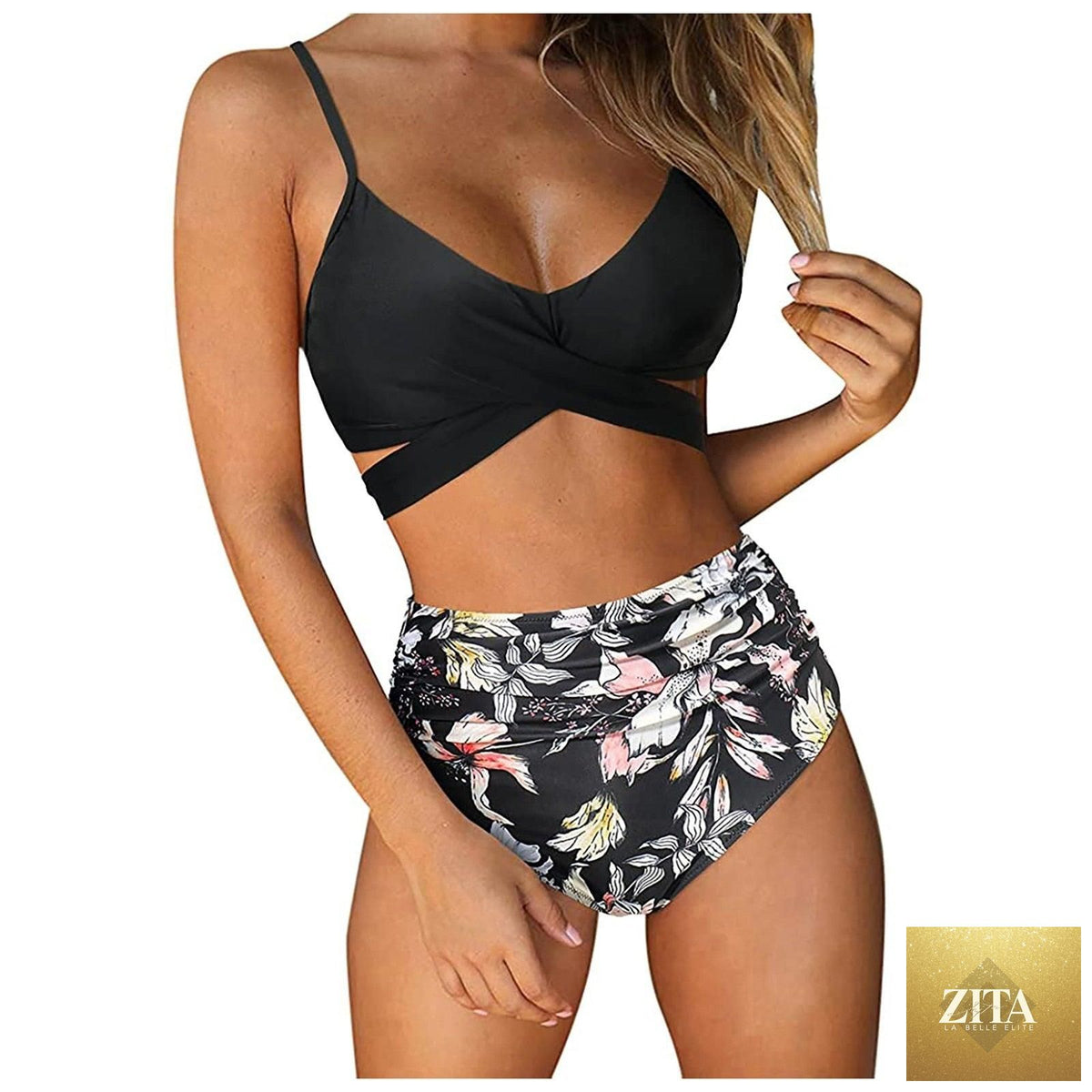 Stevvex modern floral bikini set with high waist, crisscross design, string ties, and colorful flower print for summer swimwear.
