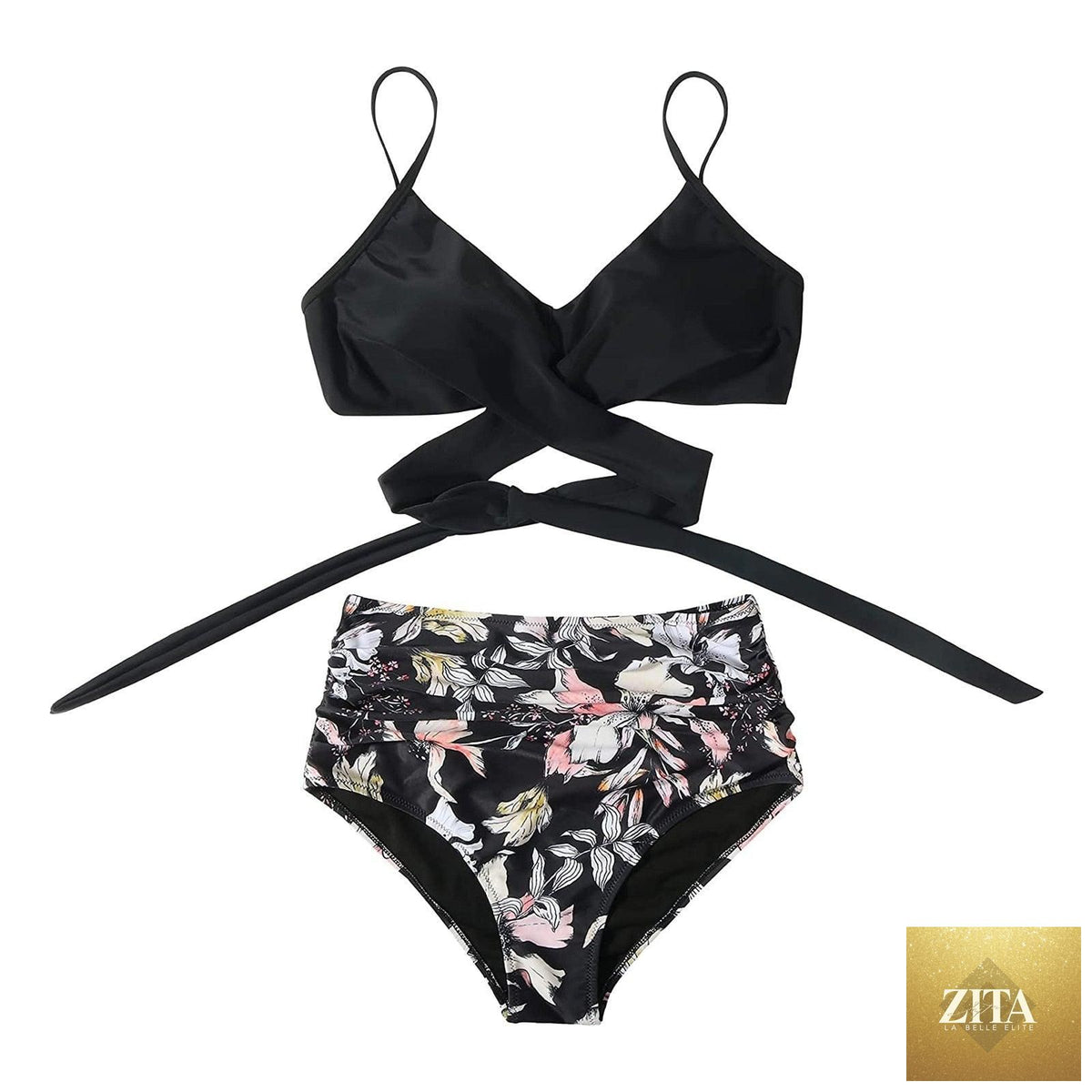 Stevvex modern floral bikini set with high waist, crisscross design, and flower print, perfect for summer beachwear.